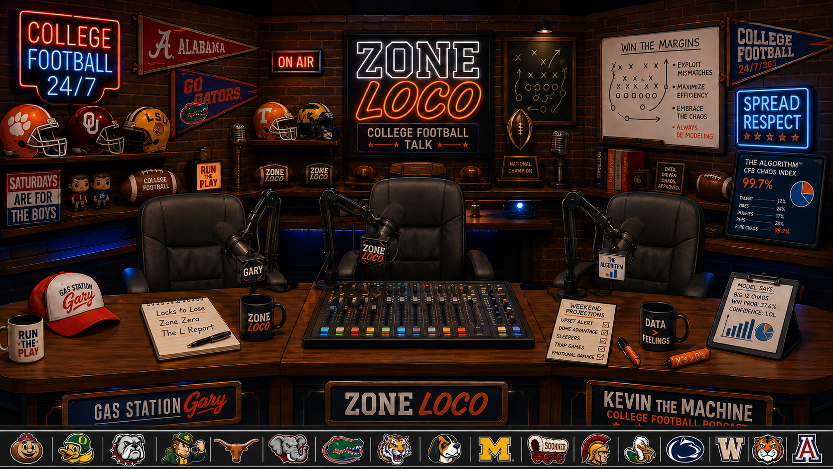 Zone Loco podcast studio set with host desks for Gas Station Gary and Kevin the Machine